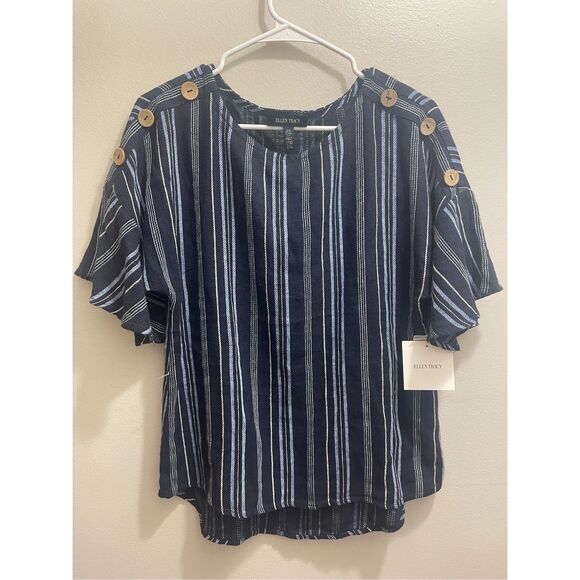 Ellen Tracy Navy and White Striped Blouse - Picture 1 of 5
